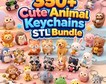 May include: A collection of colorful, cute animal keychains, including a panda, owl, lion, fox, cat, dog, rabbit, pig, and bear. The image features the text "350+ Cute Animal Keychains STL Bundle."
