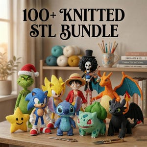 May include: A collection of knitted character figures, including Sonic, Stitch, and a Grinch. The figures are arranged on a wooden surface, with the text "100+ KNITTED STL BUNDLE" displayed above. Various colors of yarn are visible in the background.