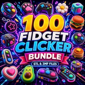 Puede incluir: Imagen vibrante que muestra un "100 Fidget Clicker Bundle" con varios juguetes fidget coloridos. Los juguetes incluyen una hamburguesa, aguacate, mandos de juego y cubos. También se ve el texto "STL & 3MF FILES".