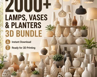 May include: A collection of lamps, vases, and planters in various shapes and sizes, with a neutral color palette. The image includes pendant lights, table lamps, and floor lamps, along with a variety of decorative vases and planters. Text on the image reads "2000+ LAMPS, VASES & PLANTERS 3D BUNDLE".
