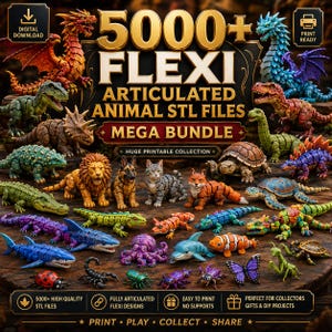 May include: A collection of colorful, articulated animal STL files, including dragons, dinosaurs, and various other creatures. The image features the text "5000+ FLEXI ARTICULATED ANIMAL STL FILES MEGA BUNDLE" and icons indicating digital download and print-ready capabilities.