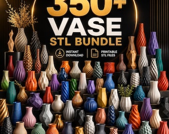 May include: A collection of 3D-printed vases in various shapes, sizes, and colors, including red, blue, green, and gold. The image features the text "350+ VASE STL BUNDLE" with icons for instant download and printable STL files.