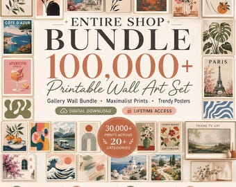 Könnte beinhalten: Eine digitale Sammlung von Wandkunst-Drucken mit einer Vielzahl von Illustrationen, darunter Landschaften, botanische Designs, abstrakte Formen und Stadtszenen. Der Text lautet Entire Shop Bundle 100,000+ Printable Wall Art Set, Digital Download, Lifetime Access, 30,000+ Prints Across 20+ Categories, Instant Download, Huge Variety, Gallery Wall Ready, Endless Styles.