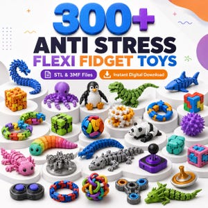 Könnte beinhalten: Eine Sammlung bunter Anti-Stress-Flexi-Fidget-Spielzeuge, darunter ein blauer Drache, ein lila Oktopus, ein Pinguin, ein grüner Dinosaurier und ein Hai. Das Bild enthält den Text "300+ ANTI STRESS FLEXI FIDGET TOYS".