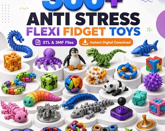 Puede incluir: Una colección de juguetes fidget flexi antiestrés coloridos, que incluyen un dragón azul, un pulpo morado, un pingüino, un dinosaurio verde y un tiburón. La imagen incluye el texto "300+ ANTI STRESS FLEXI FIDGET TOYS".