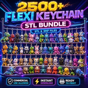 Pacote com mais de 2500 arquivos STL de chaveiros flexíveis para impressão 3D | Modelos articulados para impressão direta com licença comercial