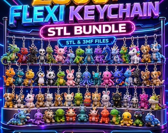 May include: A digital display of a 2500+ Flexi Keychain STL bundle featuring numerous colorful, articulated 3D-printable animal and creature figures arranged on tiered shelves. The image includes text indicating STL and 3MF files are included.