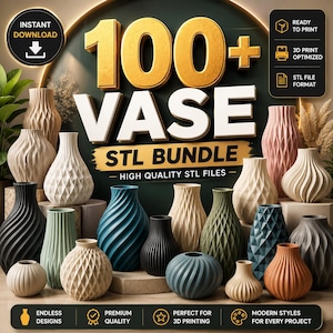Può includere: Un assortimento di vasi stampati in 3D di vari colori e design. L'immagine include il testo "100+ VASE STL BUNDLE" e "DOWNLOAD IMMEDIATO". I vasi sono pronti per la stampa e ottimizzati per la stampa 3D.