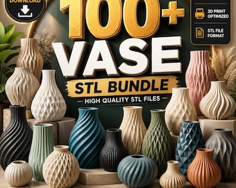 May include: A collection of various 3D-printed vases in different colors and designs. The image includes text that reads "100+ VASE STL BUNDLE" and "INSTANT DOWNLOAD". The vases are ready to print and optimized for 3D printing.