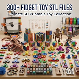 Può includere: Una collezione di giocattoli fidget stampati in 3D, tra cui spinner, cubi e altre forme geometriche. L'immagine presenta una stampante 3D, bobine di filamento e il testo "300+ FIDGET TOY STL FILES" e "Ultimate 3D Printable Toy Collection".