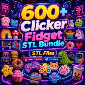 May include: A digital graphic featuring the text 600+ Clicker Fidget STL Bundle and STL Files. The image displays various colorful 3D-style fidget toy designs including animals, food items, game controllers, and robots arranged on shelves.