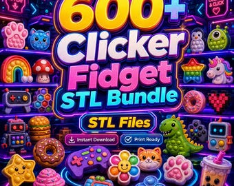 Könnte beinhalten: Eine digitale Grafik mit dem Text 600+ Clicker Fidget STL Bundle und STL Files. Das Bild zeigt verschiedene bunte 3D-Fidget-Spielzeugdesigns, darunter Tiere, Lebensmittel, Gamecontroller und Roboter, die auf Regalen angeordnet sind.