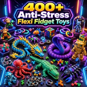 Op de afbeelding: Een verzameling kleurrijke, beweegbare fidget-speeltjes, waaronder een blauwe en gele draak, een paarse cobra, een groene krokodil, een rode octopus, een gouden robot en diverse geometrische vormen met de tekst 400+ Anti-Stress Flexi Fidget Toys.