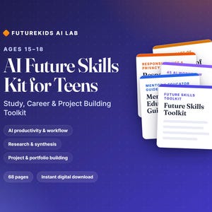 May include: A digital educational kit titled AI Future Skills Kit for Teens by Futurekids AI Lab, designed for ages 15-18. The kit includes 68 pages covering AI productivity, research, and project building, presented as a stack of white cards.