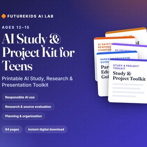 May include: A digital AI study and project kit for teens aged 12-15 from Futurekids AI Lab. The kit includes printable materials for research, presentation, and responsible AI use, featuring a 64-page instant digital download with guides.