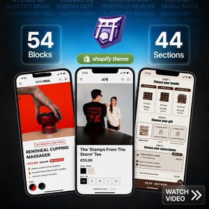 Puede incluir: Tres smartphones muestran contenido de comercio electrónico. Uno muestra un masajeador de ventosas, otro una camiseta negra con texto y el tercero un servicio de suscripción. La imagen incluye el texto "54 Blocks" y "44 Sections".