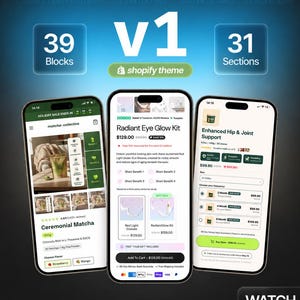 May include: Three smartphones displaying e-commerce website interfaces. The screens showcase product listings for matcha, an eye glow kit, and hip & joint support. The image includes the text "V1 Shopify theme", "39 Blocks", and "31 Sections". A "Watch Video" button is also visible.