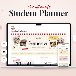 Puede incluir: Un planificador de estudiantes digital que se muestra en la pantalla de una computadora portátil y un teléfono inteligente. La interfaz presenta un fondo crema con iconos de cerezas rojas y texto que dice the ultimate Student Planner, semester.