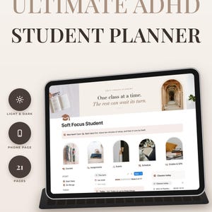 May include: A digital student planner displayed on a tablet screen, featuring the title Soft Focus Student Ultimate ADHD Student Planner. The interface includes sections for courses, assignments, exams, schedules, and grades, with 21 pages total.