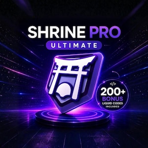Puede incluir: Gráfico digital con el texto "SHRINE PRO ULTIMATE" sobre un icono 3D de una puerta de santuario japonesa. El icono está sobre una plataforma morada oscura con el texto "200+ BONUS LIQUID CODES INCLUDED". El fondo es oscuro con líneas moradas y azules.