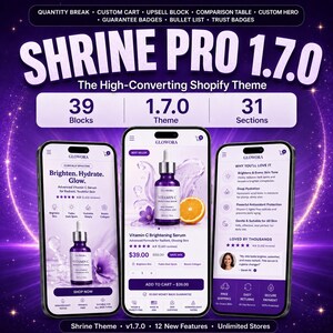 May include: A digital display of the Shrine Pro 1.7.0 Shopify theme featuring three smartphone screens showing a Glowora Vitamin C serum product page. The interface includes text, product images, star ratings, and pricing against a purple background.