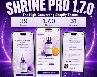 May include: A digital display of the Shrine Pro 1.7.0 Shopify theme featuring three smartphone screens showing a Glowora Vitamin C serum product page. The interface includes text, product images, star ratings, and pricing against a purple background.