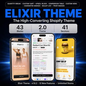 May include: Three smartphones displaying the Elixir Theme interface for Shopify. The screens show product pages for Radiant Eye Glow Kit and Sunny Side Up balm, featuring 43 blocks, 41 sections, and version 2.0. The background is a dark blue light effect.