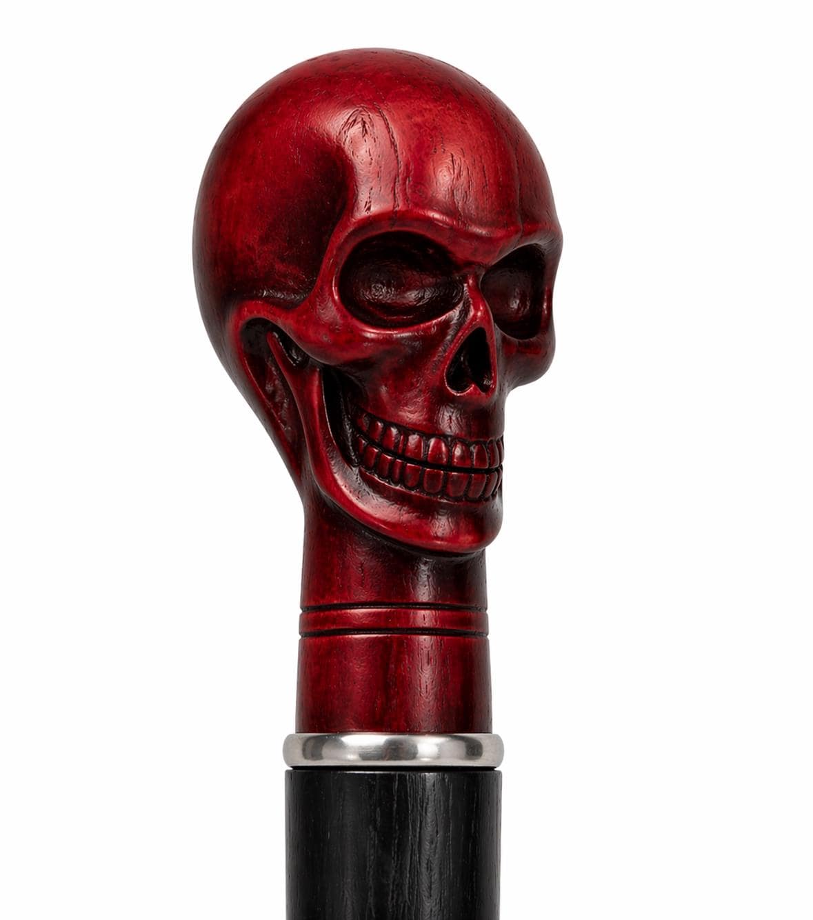 Red Skull Handle Walking Cane - Black Hardwood Shaft, Silver Collar, 36" Stick