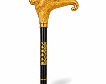 Solid Brass Lion Head Walking Cane, Hand Painted Black Wood Shaft, 36 Inches