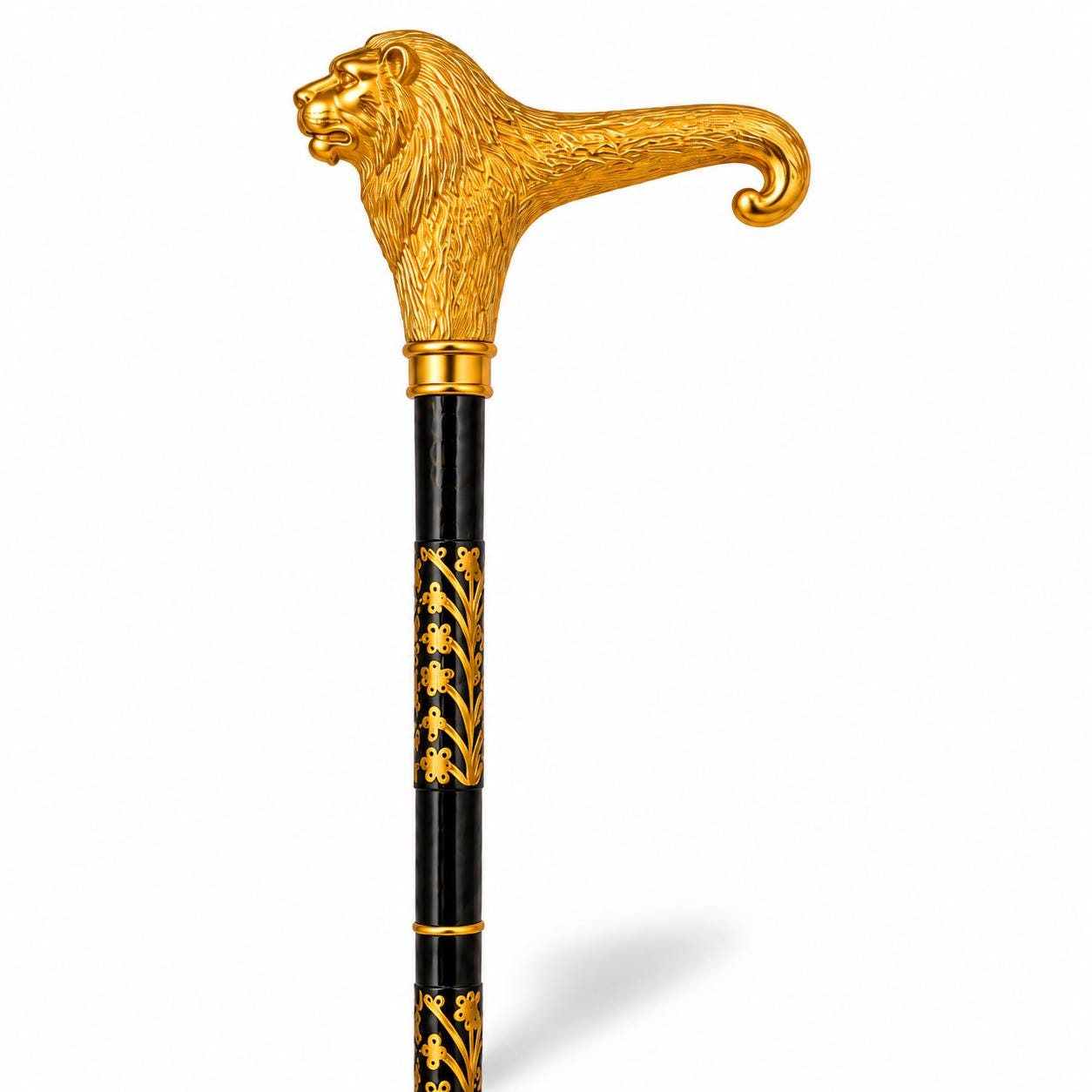 Solid Brass Lion Head Walking Cane, Hand Painted Black Wood Shaft, 36 Inches