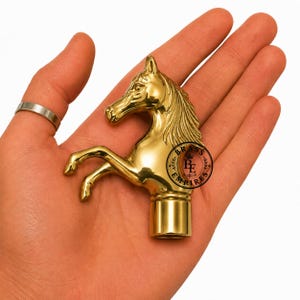Puede incluir: Un mango de latón pulido de color dorado con forma de cabeza de caballo encabritado y base cilíndrica. El objeto incluye un sello de logotipo circular con el texto BRASS EMPIRES y un icono de corona en el lateral del cuello del caballo.