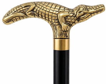 Bastón decorativo con empuñadura de latón y piel de cocodrilo, fuste de madera negra, acabado dorado, 96,5 cm (38 pulgadas).
