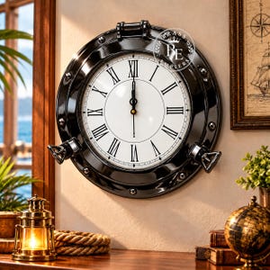 May include: A circular wall clock with a polished black metal frame resembling a ship porthole. The white clock face features black Roman numerals and thin black hands. A logo with the text Brass Empiers is visible at the top right.