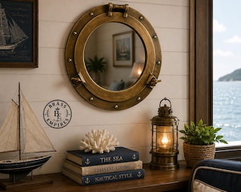 20 Inch Brass Porthole Mirror, Nautical Wall Decor, Coastal Beach House Accent