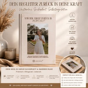 Könnte beinhalten: Ein Buch mit dem Titel "VON DER ANGST ZURÜCK IN MEINE KRAT" mit einer Frau auf dem Cover. Das Buch ist ein Leitfaden für Sicherheit, Selbstregulierung und inneren Frieden. Das Bild enthält auch Text über Angst und Panik.