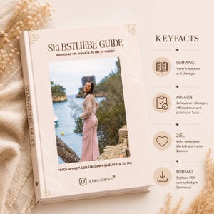 Könnte beinhalten: Ein Selbsthilfe-Ratgeber mit dem Titel "SELBSTLIEBE GUIDE" mit dem Text "DEIN GUIDE UM ENDLICH ZU DIR ZU FINDEN". Das Cover zeigt eine Frau in rosa Hose und einem floralen Oberteil. Der Buchrücken trägt die Aufschrift "SELBSTLIEBE GUIDE".
