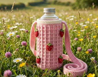 Crochet Strawberry Water Bottle Holder, Kawaii Bag Pattern, Summer Drink Carrier (PDF)
