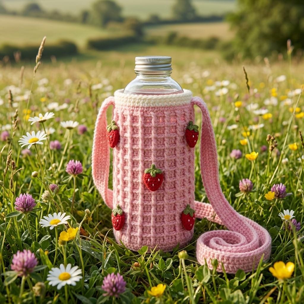 40 Crochet Water Bottle Holder Patterns for On the Go 12 Crochet Strawberry Water Bottle Holder