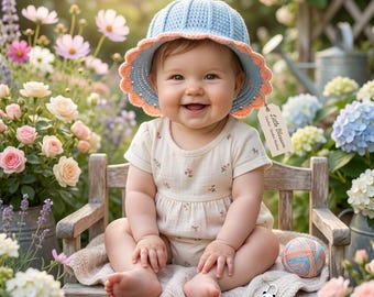 Crochet Baby Sun Hat Pattern, Scalloped Flower Brim, Textured Toddler Hat (PDF Download)