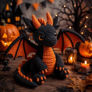 May include: A crocheted dragon plush toy featuring a black body with vibrant orange accents on the wings, chest, horns, and tail spikes. The creature has large, round orange eyes and is crafted with detailed yarn stitching throughout its form.