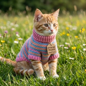May include: A ginger kitten wearing a colourful, striped crochet pullover in pink, blue and orange. The sweater has a high neck and a tag that reads "Kitten Pop Pullover". The kitten is sitting in a field of green grass and wildflowers.