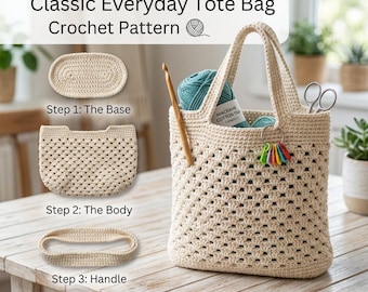 Classic Crochet Tote Bag Pattern, Beginner Textured Market Bag (PDF Download)