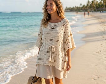 Convertible Crochet Poncho Pattern, Multi-Way Wrap, Button Detail PDF