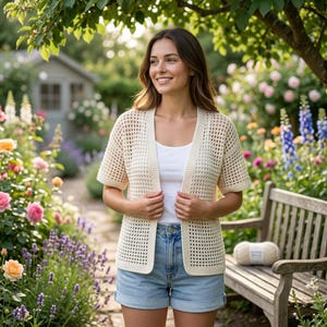 May include: Cream-colored, open-weave crochet cardigan with short sleeves. The cardigan is worn over a white top and paired with denim shorts. A ball of yarn rests on a wooden bench in a garden setting, suggesting a handmade garment.