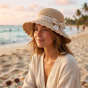 Puede incluir: Un sombrero para el sol beige con un borde festoneado y una cinta decorativa con detalles florales. El sombrero está hecho de material tejido y presenta un lazo. El sombrero se usa en la playa.