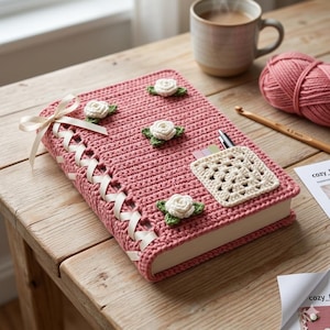 May include: A pink crocheted book cover with white ribbon lacing and decorative white rose appliques. A small crocheted pocket holds a pen and several colorful tabs. A skein of pink yarn and a crochet hook are also visible.