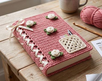 Crochet Book Cover Pattern, Rose & Ribbon Cozy Sleeve PDF, Beginner Friendly
