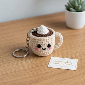May include: A crochet keychain shaped like a small beige mug filled with brown liquid and topped with white whipped cream. The mug features a smiling face with black eyes and pink cheeks. A metal keyring is attached to the side of the mug.
