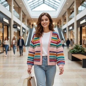 Op de afbeelding: Een veelkleurig gehaakt vest met strepen en een roze basis, gedragen over een wit T-shirt en een blauwe spijkerbroek. Het vest heeft horizontale strepen in verschillende kleuren. De persoon houdt boodschappentassen vast in een winkelcentrum.