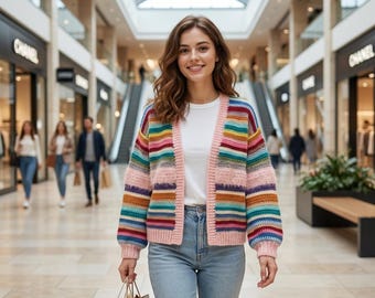 Beginner Crochet Cardigan Pattern, Colorful Boho Striped Sweater, Lightweight Jacket (PDF Download)